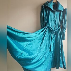 Vintage Y2K Turquoise Iridescent Fit Flare Trench Coat By Terramina NYC 16 XL